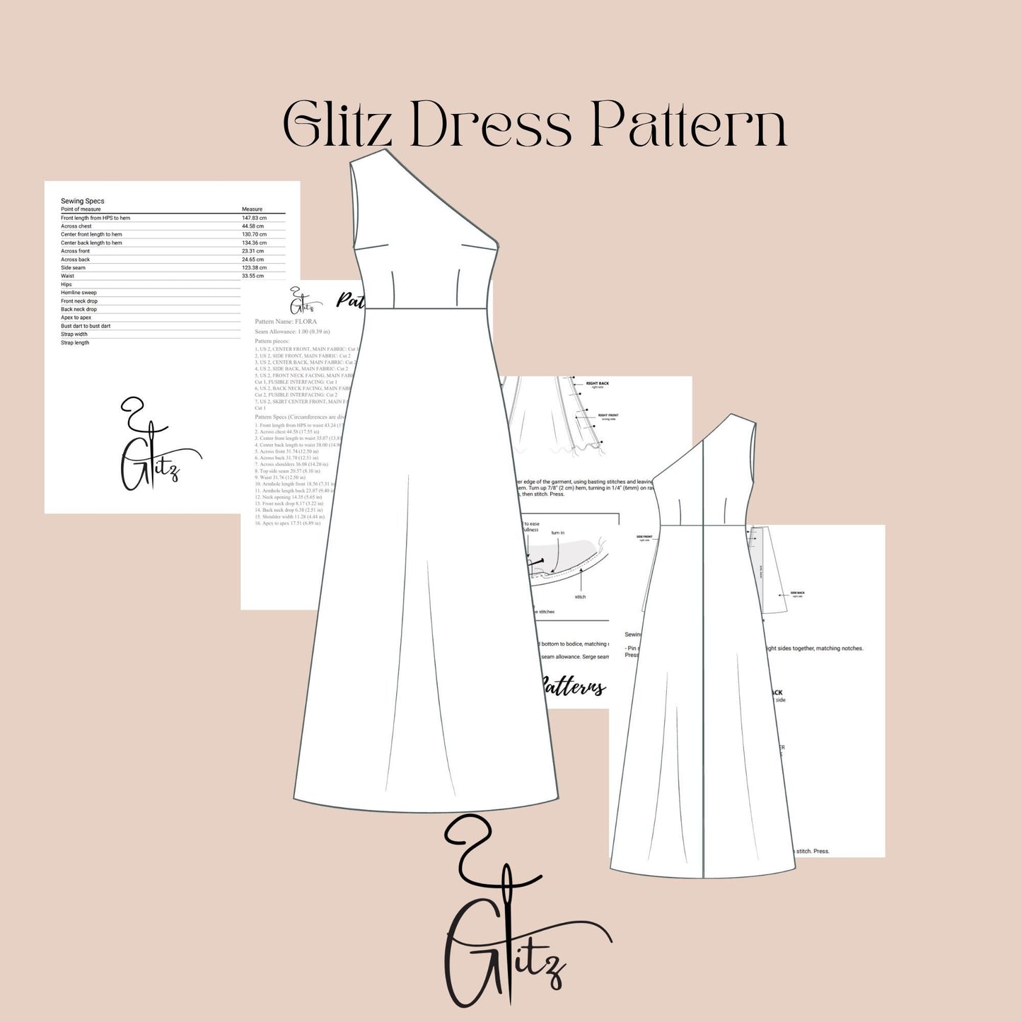 One Shoulder Evening Dress Sewing Pattern Elegant Ball Gown Bridal Gown Bachelorette Dress Bridesmaid Dress Pattern