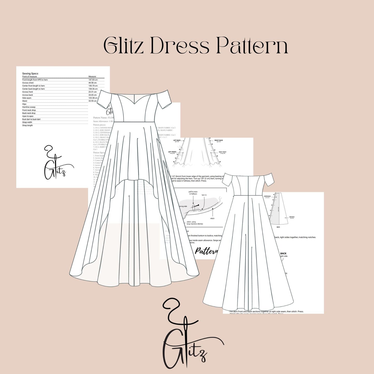 Off Shoulder Hi Low Prom Dress Sewing Pattern Short in Front Long in Back Evening Dress Bridal Dress Ball Gown