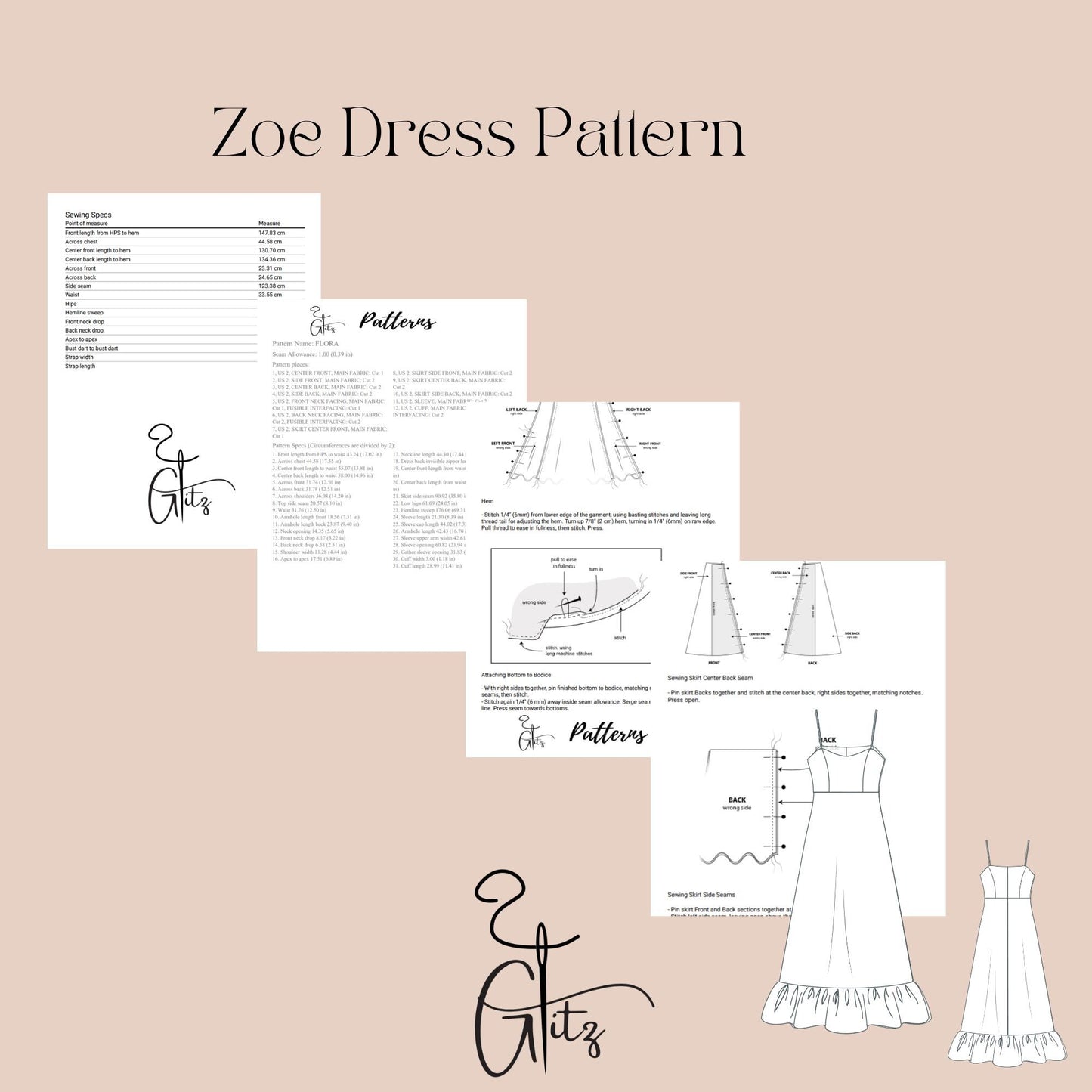 Zoe Floence Midi Bridal Dress Pattern Easy Wedding Midi Dress Sewing Pattern Cocktail Dress Pattern Summer Dress Circular Skirt Pattern