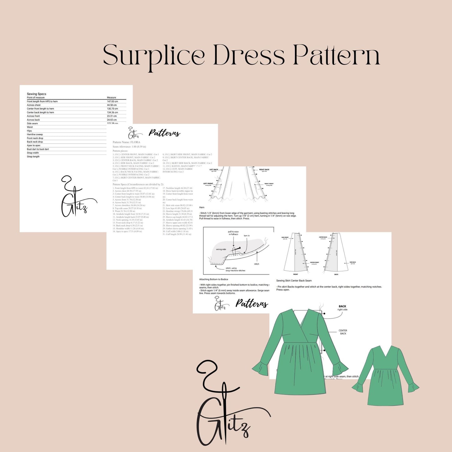 Long Sleeve Surplice Neck Gathered Summer Dresses Digital Sewing Pattern PDF