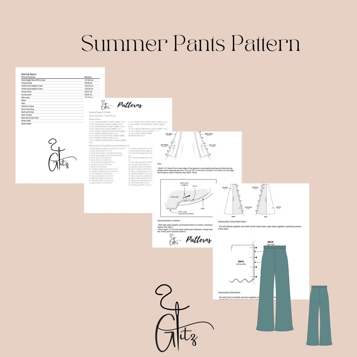 Long Wide Leg Summer Linen Pants Sewing Pattern Elastic Waist Trousers Digital Pattern Easy Pants Pattern High Waist Palazzo