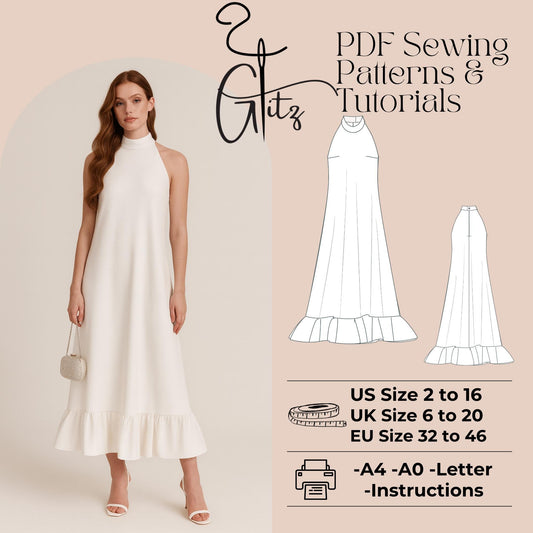 Halter Neck Dress Sewing Pattern Tent Evening Dress Flounce Skirt Pattern Simple Bridal Dress Evening Cocktail Dress