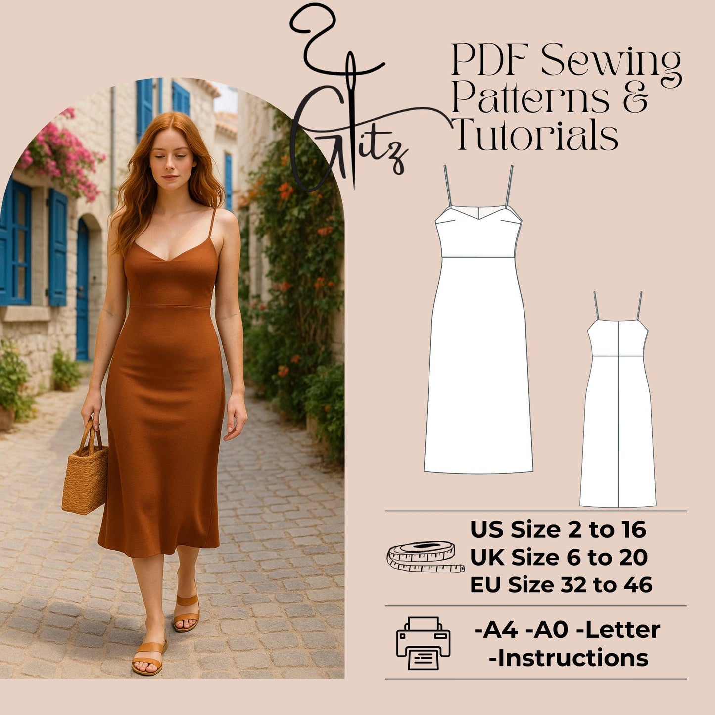 Spaghetti Strap V Neck A Line Midi Summer Dress Sewing Pattern Women Dress Pattern Easy Sewing Pattern Beginner Friendly