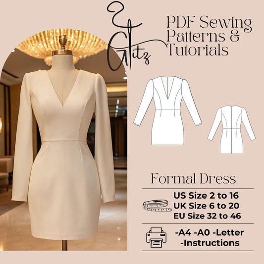Long Sleeve V Neck Mini Wedding Dress Sewing Pattern Mini Cocktail Prom Dress Digital Sewing Pattern PDF