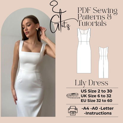 Lily Midi Dress Pattern Bridal Gown Dress Wedding Slit Dress Evening Cocktail Dress PDF Digital Sewing Pattern