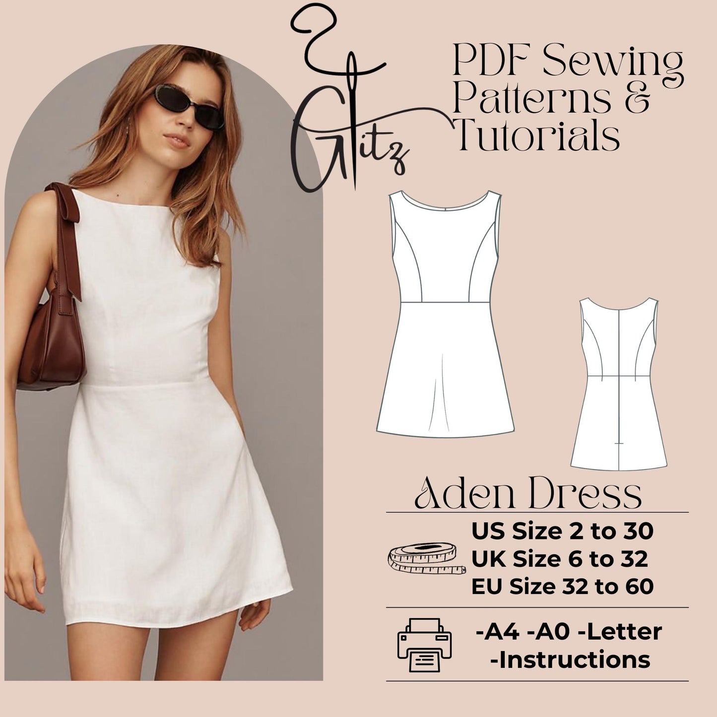 Aden Mini Dress Pattern, A-Line Boat Neck Sewing Pattern, PDF Digital Sewing Dress Pattern