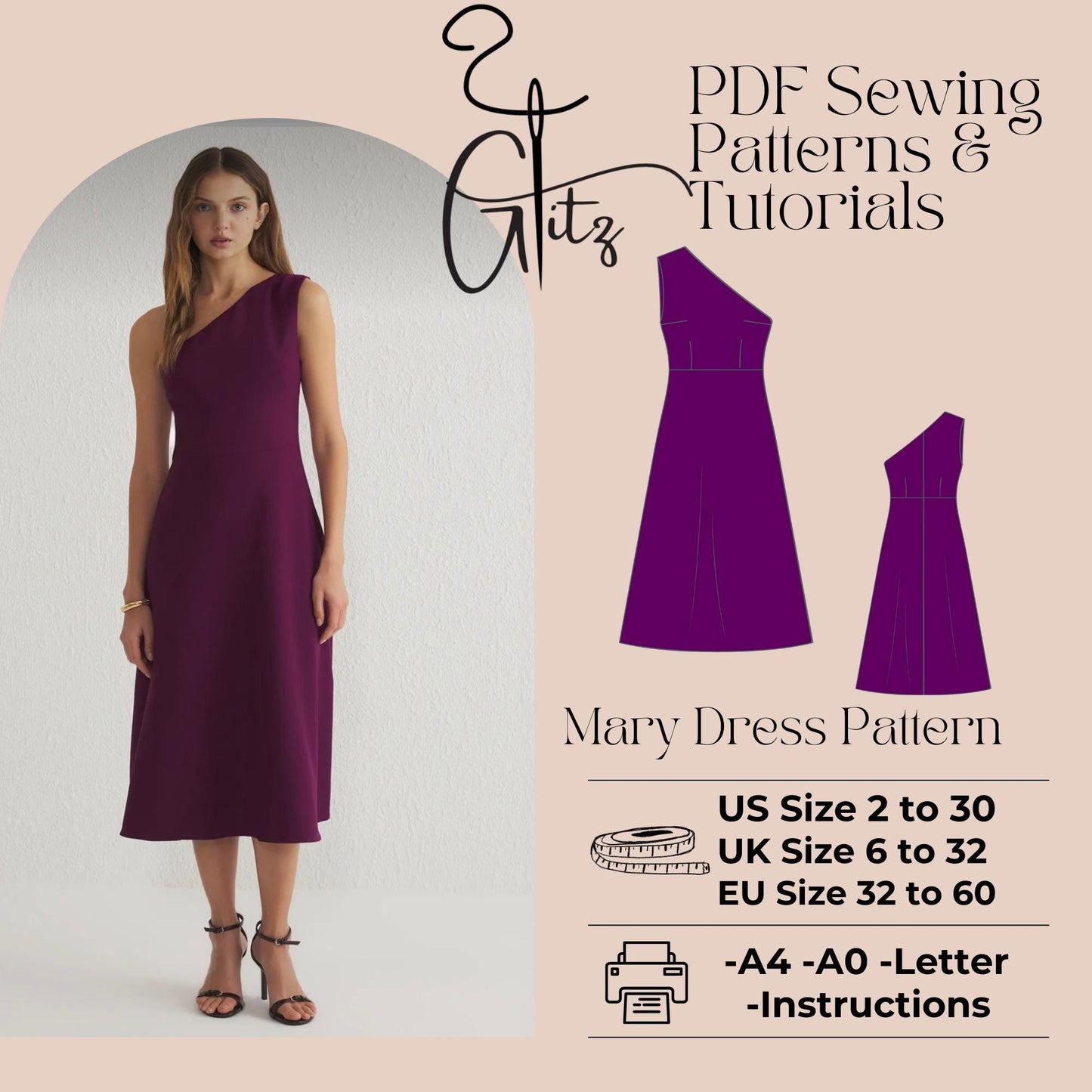 One Shoulder Midi A Line Dress PDF Digital Sewing Pattern US 2 - 30 Size