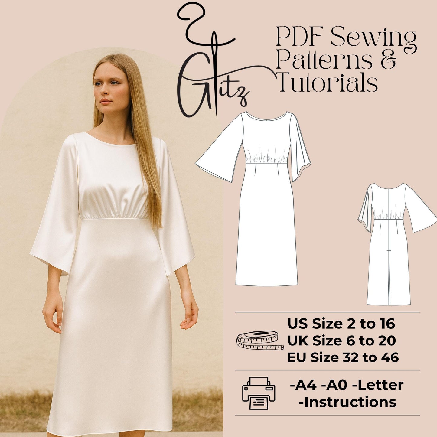 Midi Dress Sewing Pattern Flared Sleeve Boat Neck Satin Evening Dress Pattern Simple Bridal Dress