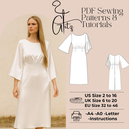 Midi Dress Sewing Pattern Flared Sleeve Boat Neck Satin Evening Dress Pattern Simple Bridal Dress