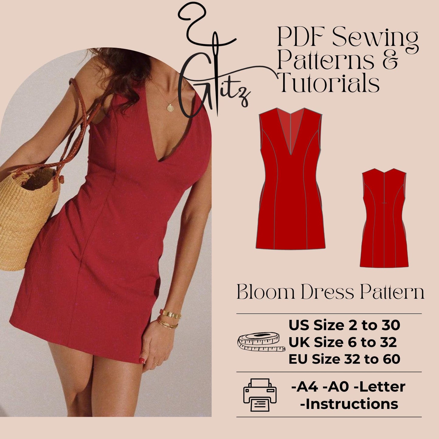Deep V Neck Mini A Line Dress Sewing Pattern PDF Digital Pattern Summer Dress Easy Dress Pattern