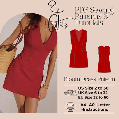 Deep V Neck Mini A Line Dress Sewing Pattern PDF Digital Pattern Summer Dress Easy Dress Pattern