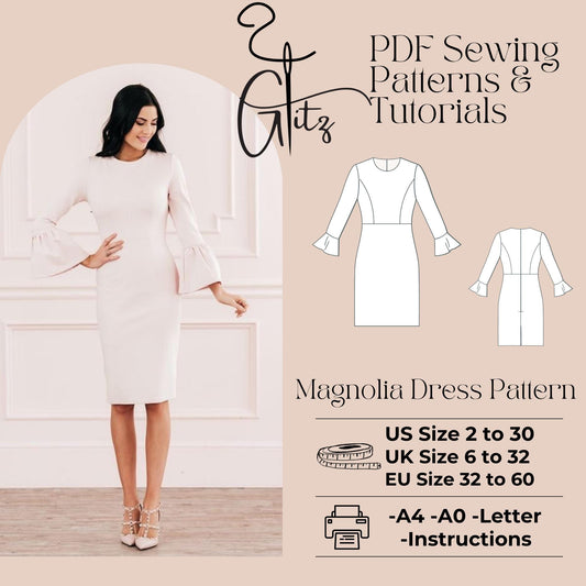 Long Sleeve Pencil Cocktail Dress Digital Sewing Pattern PDF