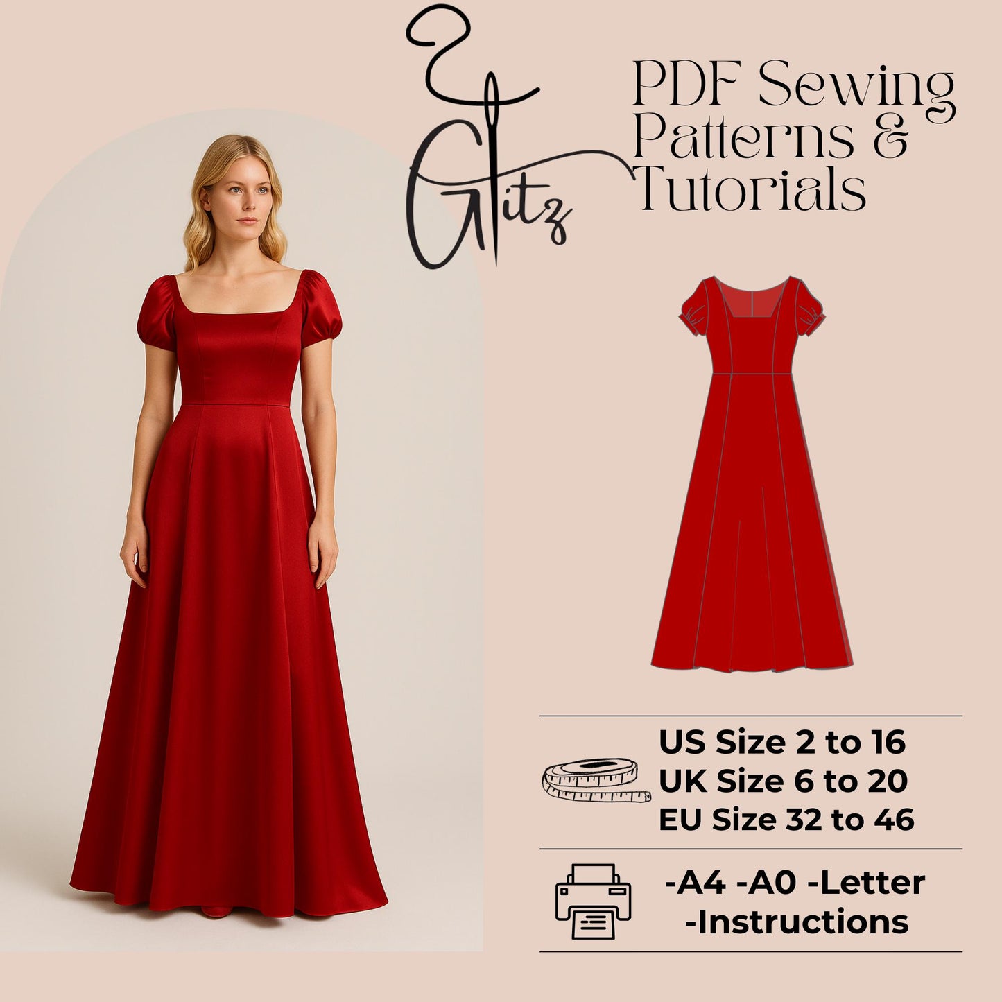 Noa Regency Victorian Dress Pattern Maxi Ball Gown Dress Sewing Pattern