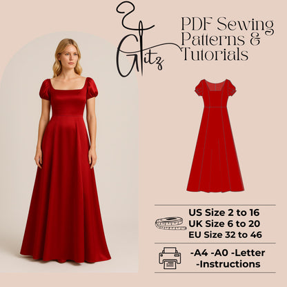 Noa Regency Victorian Dress Pattern Maxi Ball Gown Dress Sewing Pattern