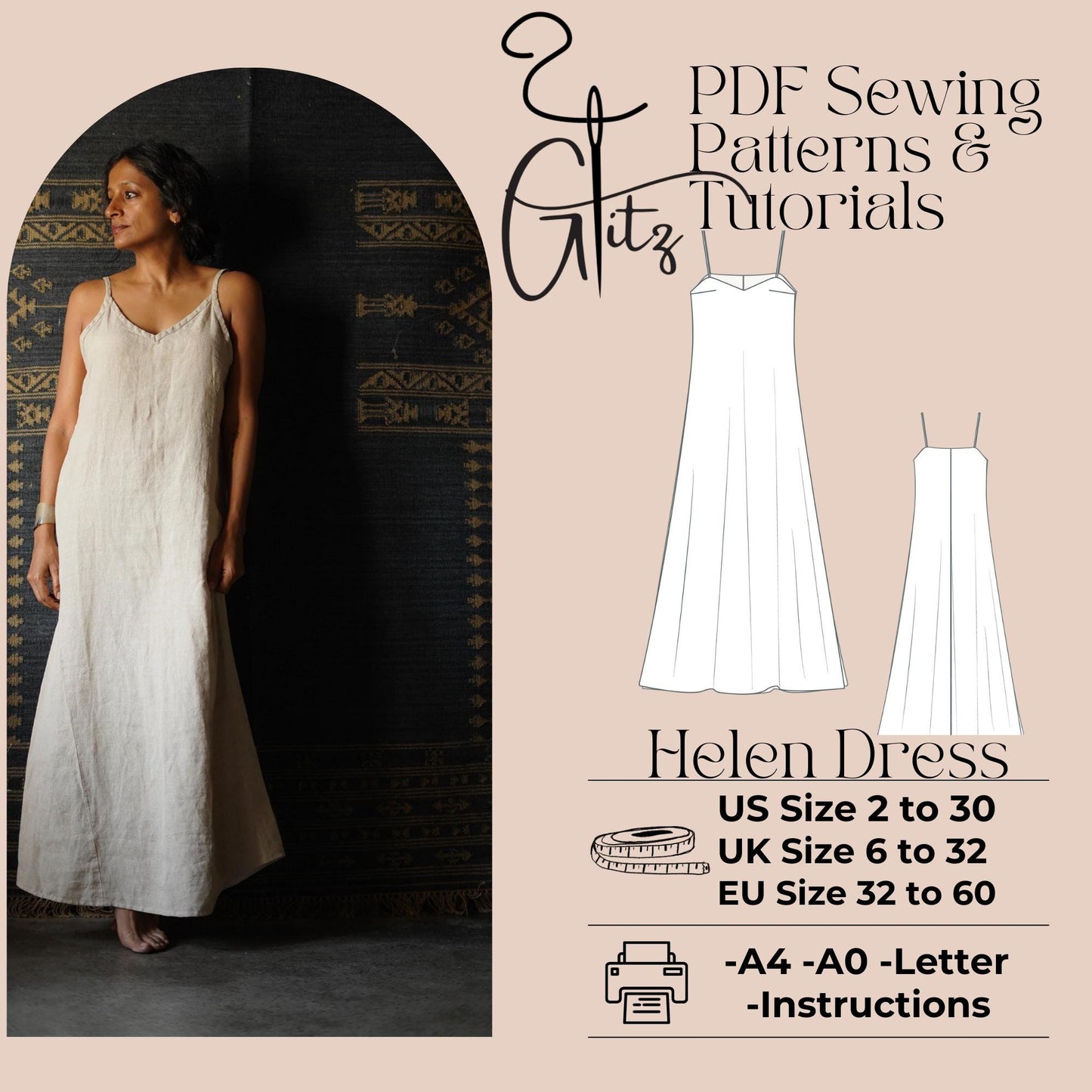 Helen Linen Maxi Dress Sewing Digital Pattern PDF Digital Sewing Pattern Easy Dress Pattern