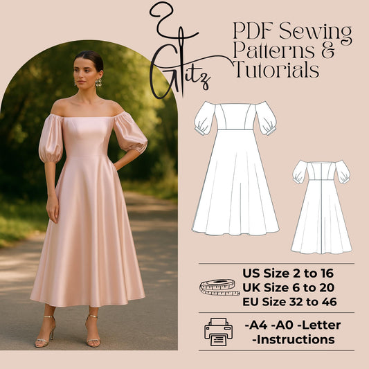 Off Shoulder Prom Dress Sewing Pattern Puff Sleeve Ball Gown Circle Skirt Cottagecore Dress Victorian Dress Pattern