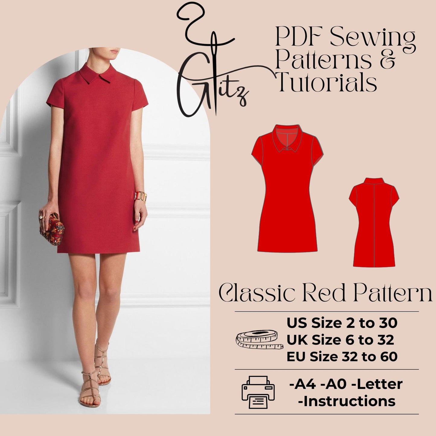 Classic Red Shirt Collar Basic Short Sleeve Dress Digital Pattern Basic Mini Dress Pattern PDF Digital Sewing Pattern