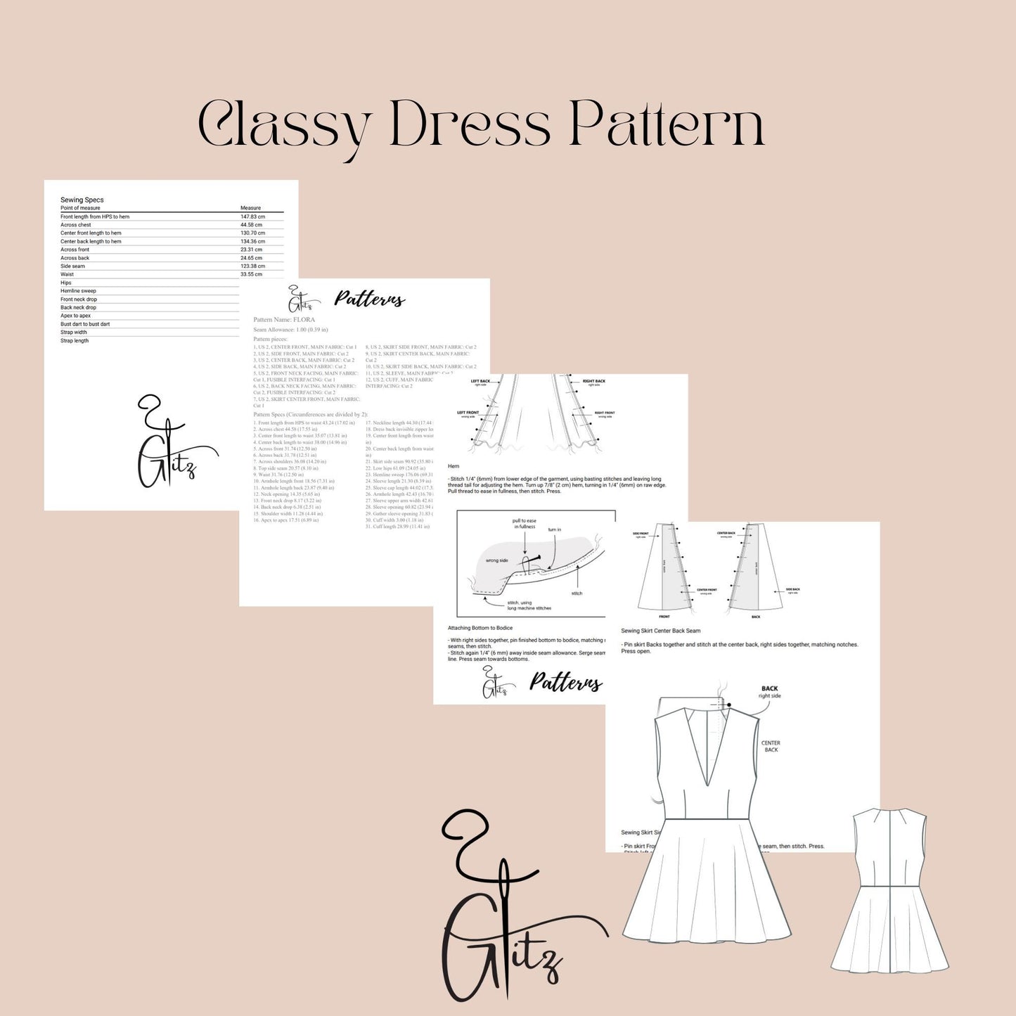 Classic V Neck Flare Dress Sewing Pattern Mini Prom Dress Digital Pattern PDF US 2 to 30 size Mini Wedding Dress