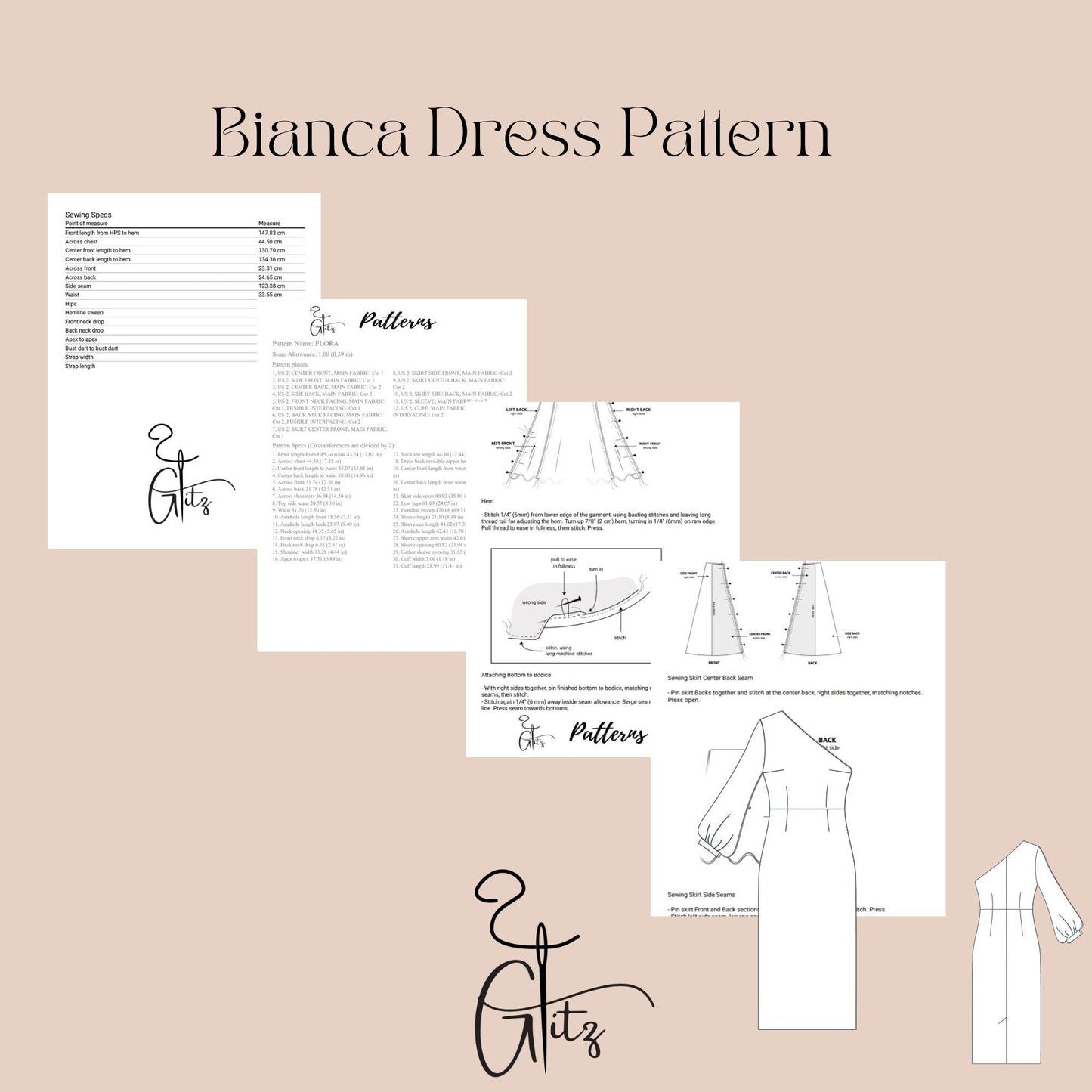 Bianca One Shoulder Midi Bridal Dress Sewing Pattern Midi Pencil Dress Pattern