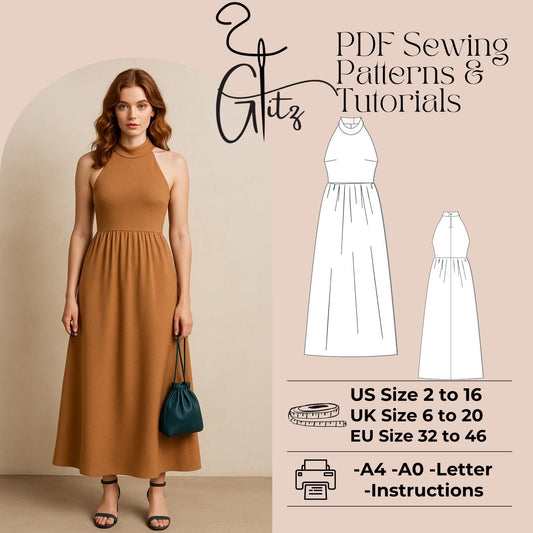 Halter Neck Cottagecore Dress Sewing Pattern Gathered Linen Summer Dress Sewing Pattern
