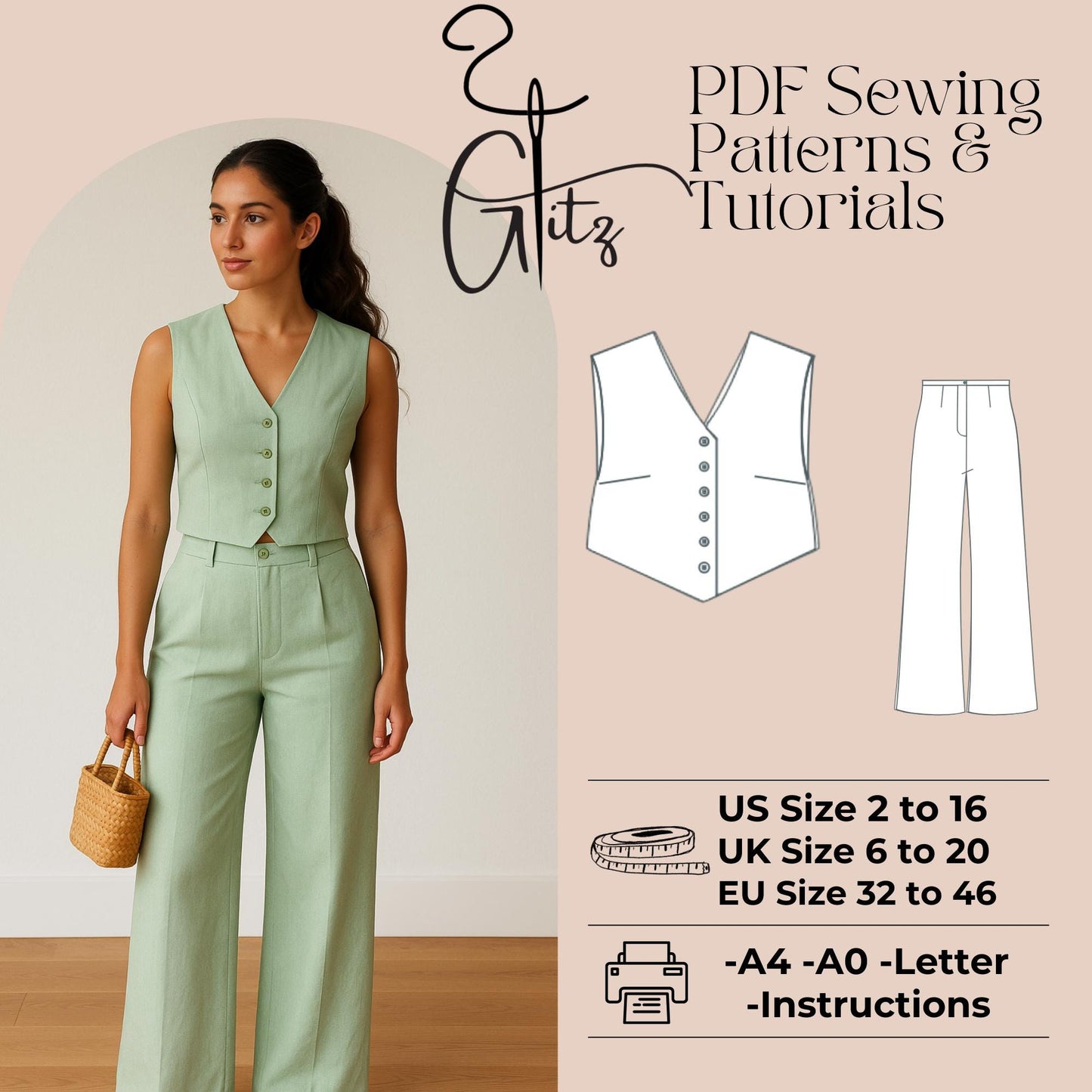 Women Linen Summer Set , Pants and Vest Sewing Pattern Set, Women Linen Waistcoat Wide Leg Trousers PDF Pattern Two Piece Set