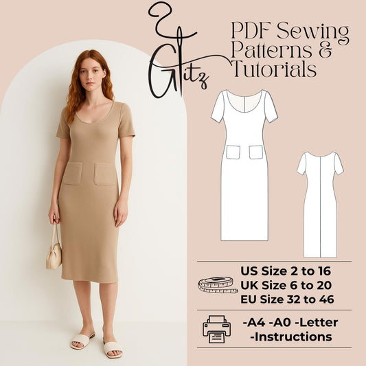Midi Basic Dress Sewing Pattern Easy Sewing Pattern Knits Dress Wide Collar Neck Summer Dresses