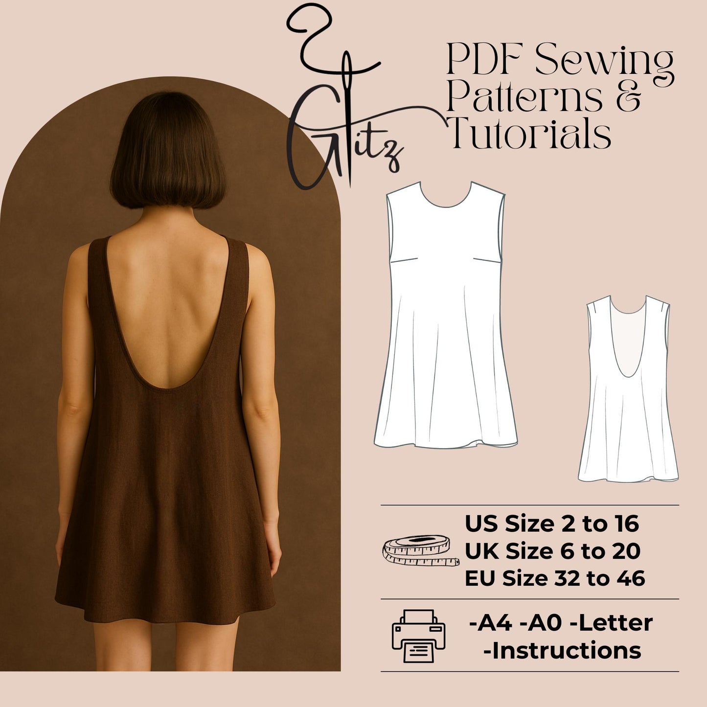 Open Back Dress Sewing Pattern Mini Summer Linen Dress Pattern Backless Dress Women Dress Pattern