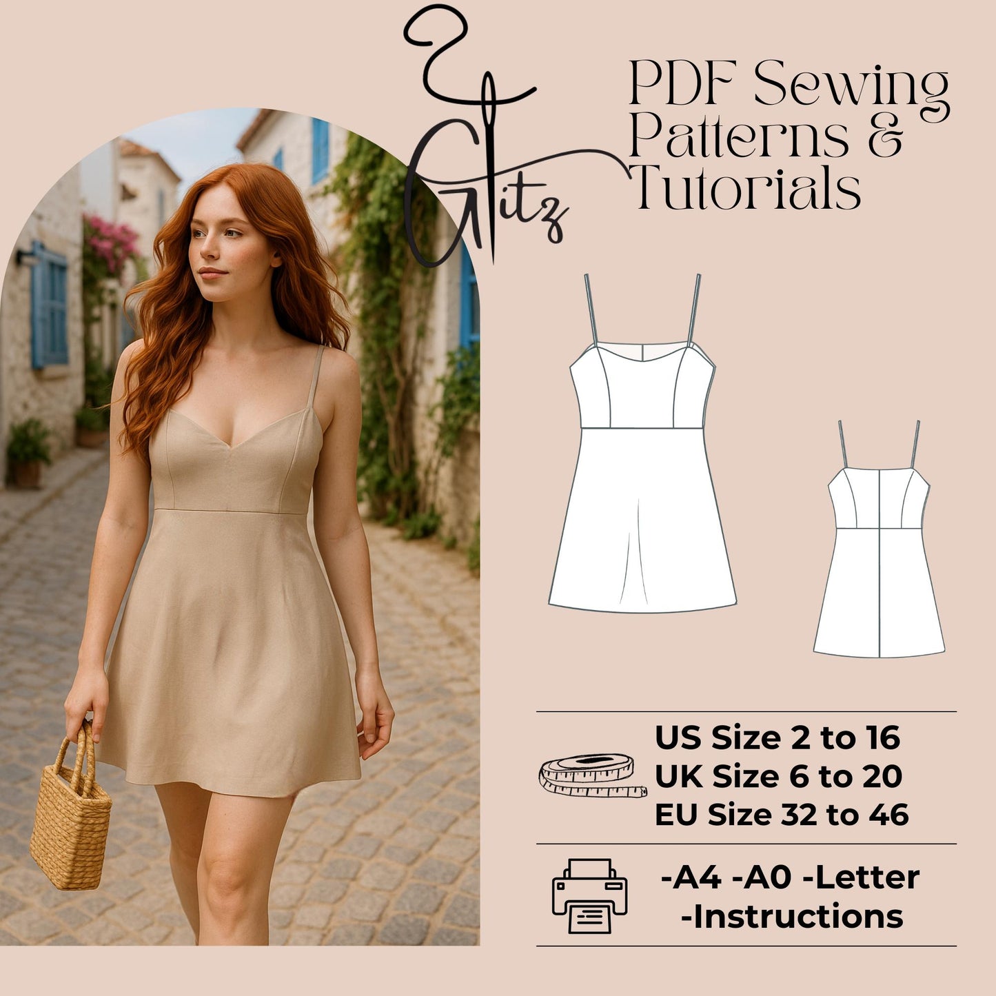 Spaghetti Straps Mini A Line Summer Linen Dress Sewing Pattern Easy Sewing Pattern