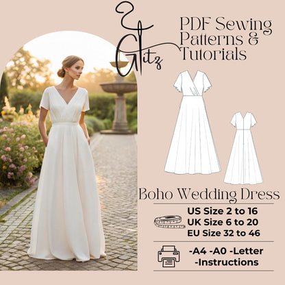 Surplice Neck Long Boho Wedding Dress Sewing Pattern Beach Wedding Summer Dress Digital Sewing Pattern PDF