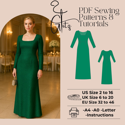 Long Evening Dress Sewing Pattern Square Neck A Line Elegant Dress Pattern Wedding Guest Dress Bridesmaid Dress Pattern Modest Dress