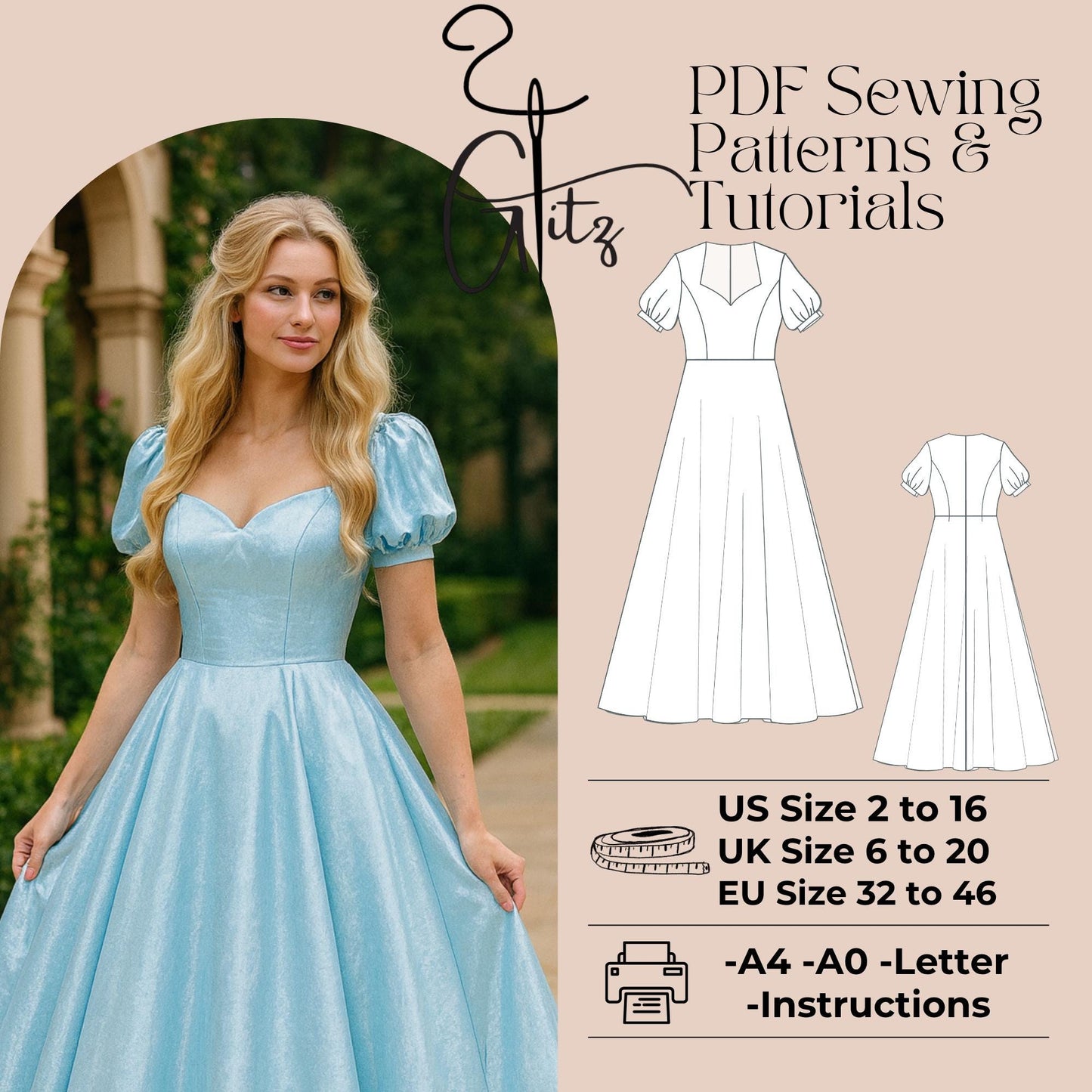 Puff Sleeve Princess Dress Sewing Pattern Ball Gown Bridal Gown Sweetheart Neck Prom Dress