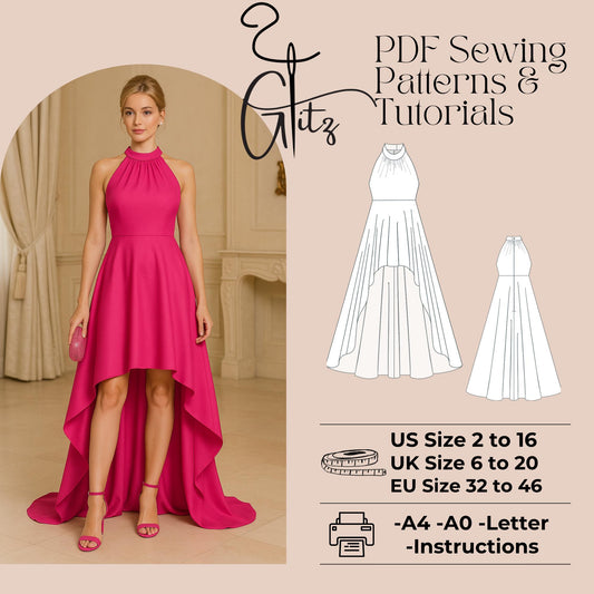 Hi Low Prom Dress Sewing Pattern Hi Low Evening Dress Halter Neck Prom Dress Pattern Elegant Formal Dress Regency Dress