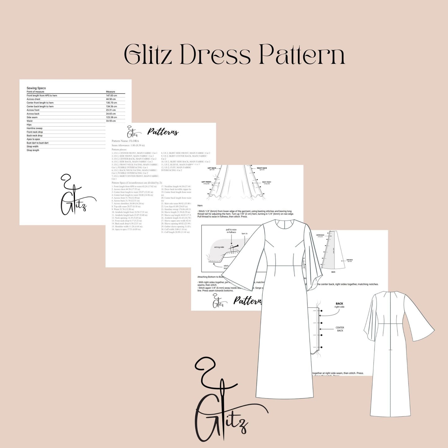 Long Flared Sleeve A Line Ankle Length Cocktail Dress Sewing Pattern Women Dress Pattern Evening Dress PDF