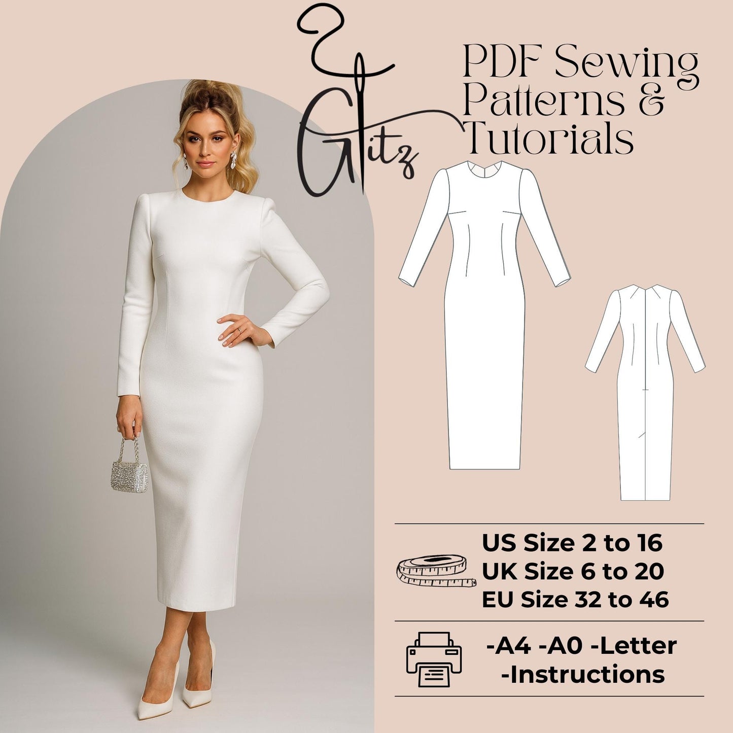 Midi Pencil Evening Cocktail Dress Sewing Pattern Elegant Dress Pattern Formal Event Dress