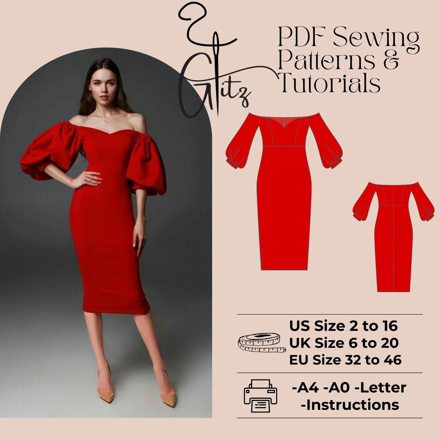 Off Shoulder Long Sleeve Cocktail Evening Dress Sewing Pattern Midi Pencil Dress