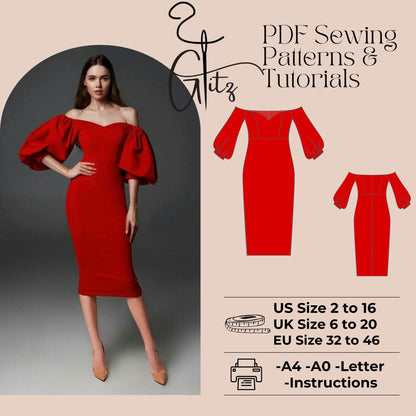Off Shoulder Long Sleeve Cocktail Evening Dress Sewing Pattern Midi Pencil Dress