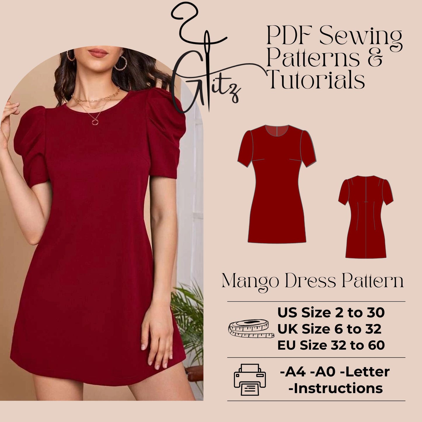 Elegant Mini Dress with Puff Sleeves Sewing Pattern PDF Digital Easy Sewing Pattern