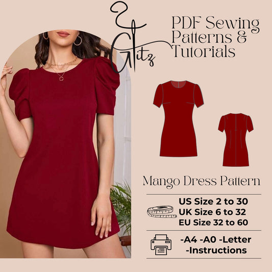Elegant Mini Dress with Puff Sleeves Sewing Pattern PDF Digital Easy Sewing Pattern