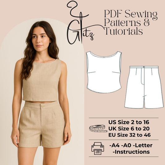 Women’s Two Piece Sewing Pattern PDF | Crop Top & High Waist Shorts | Linen Summer Set | A4 A0 Letter | US 2–16 , Boat Neck Crop Top