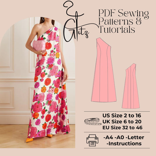 One Shoulder Maxi Tent Summer Dress Sewing Pattern PDF Prom Dress