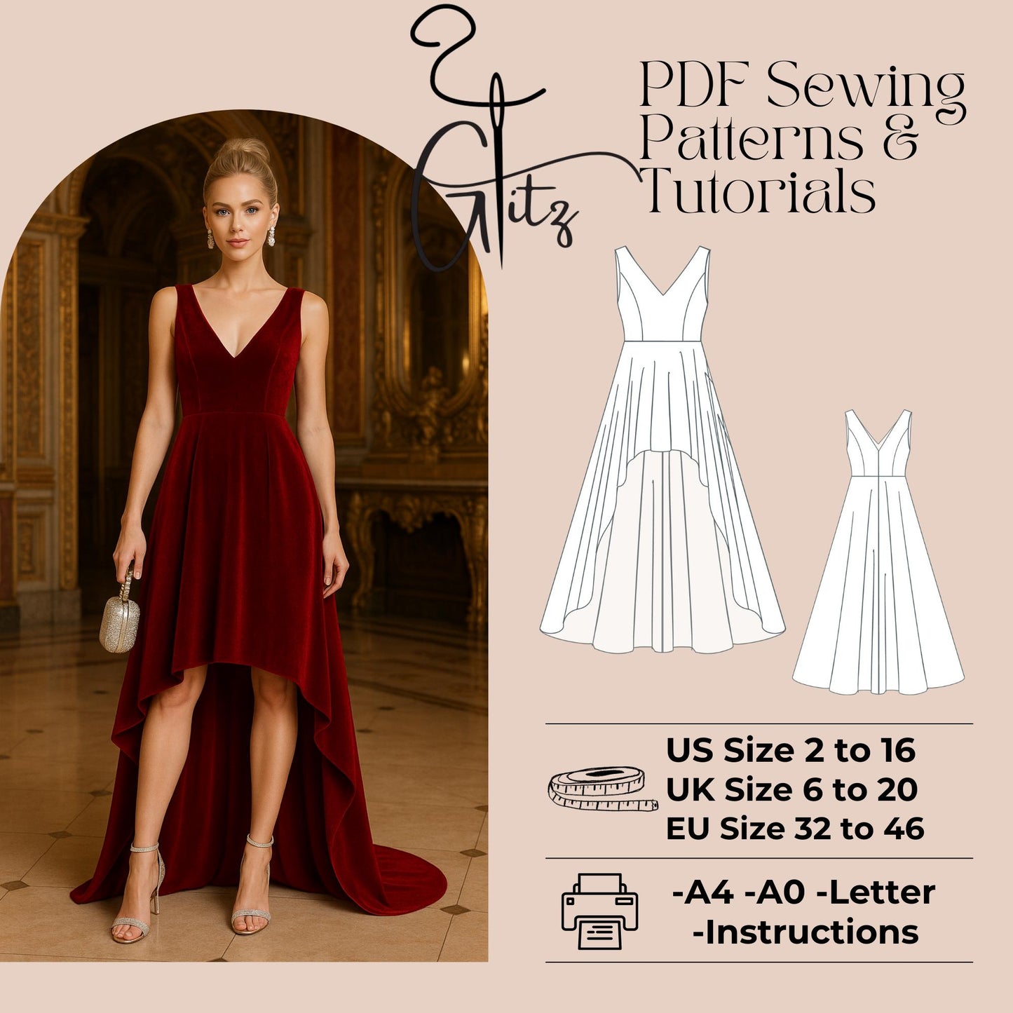 Scarlet Deep V Neck Short Front Long Back Evening Dress Sewing Pattern High Low Prom Dress Pattern PDF Digital Sewing Pattern