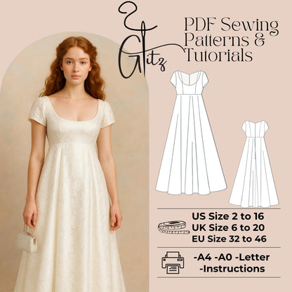 Regency Dress Sewing Pattern Victorian Dress Empire Waist Prom Dress Pattern Boho Wedding Dress