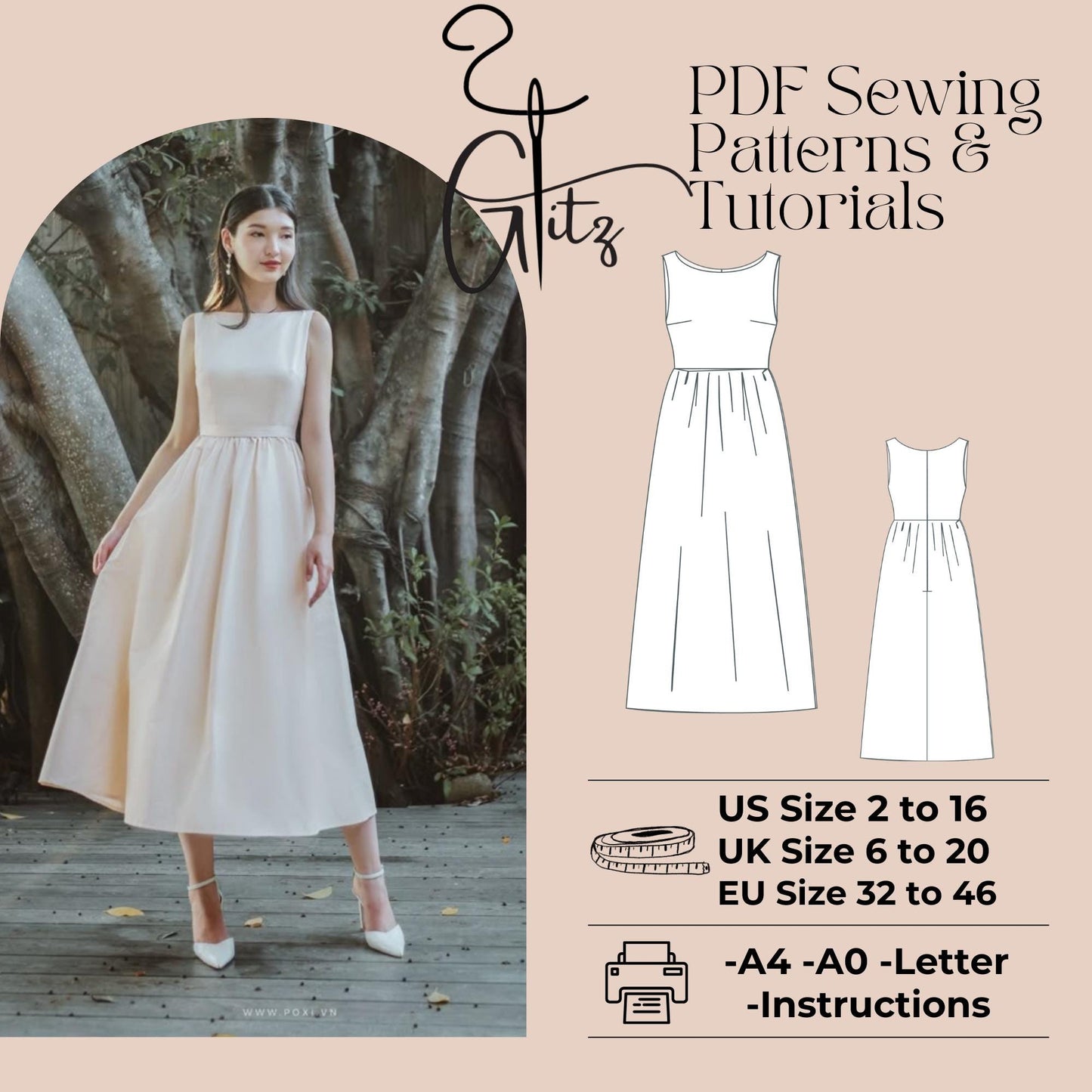 Boat Neck Gathered Midi Cocktail Prom Dress Sewing Pattern Bridesmaid Dress Digital Pattern PDF