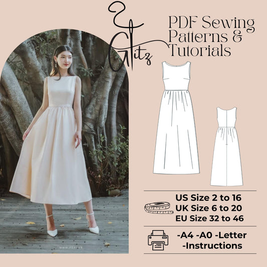 Boat Neck Gathered Midi Cocktail Prom Dress Sewing Pattern Bridesmaid Dress Digital Pattern PDF