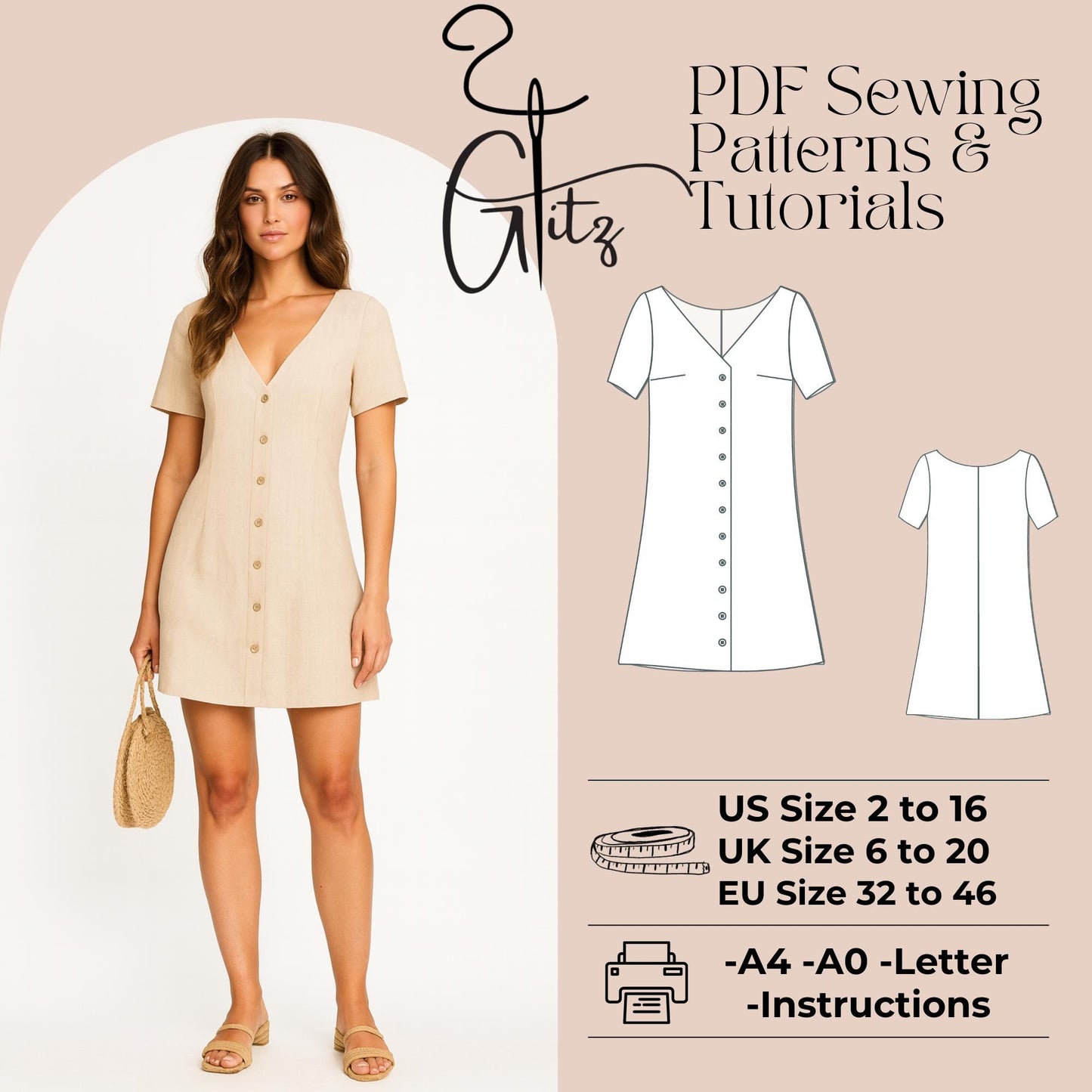 Mini Linen Summer Dress Sewing Pattern V Neck Buttoned Dress Pattern Short Sleeve Dress