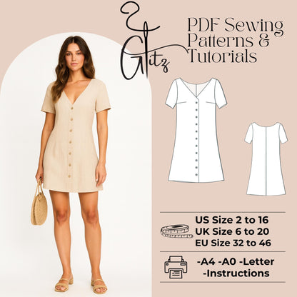 Mini Linen Summer Dress Sewing Pattern V Neck Buttoned Dress Pattern Short Sleeve Dress