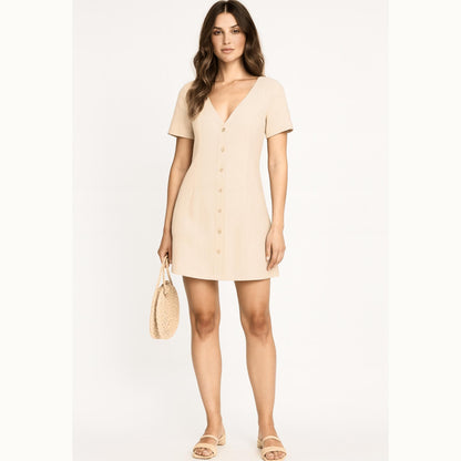 Mini Linen Summer Dress Sewing Pattern V Neck Buttoned Dress Pattern Short Sleeve Dress