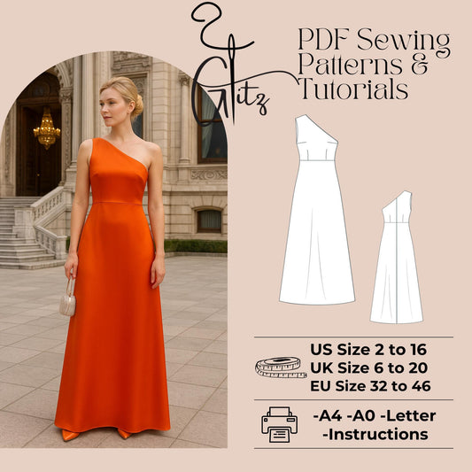 One Shoulder Evening Dress Sewing Pattern Elegant Ball Gown Bridal Gown Bachelorette Dress Bridesmaid Dress Pattern