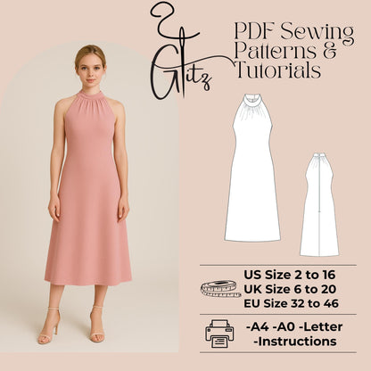 Halter Neck A Line Evening Dress Sewing Pattern Summer Dresses Wedding Guest Dress Prom Dress Easy Sewing Pattern