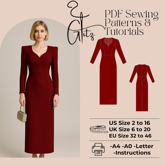 Structured Evening Dress Sewing Pattern | Digital PDF | Long Sleeve Fitted Gown with Princess Seams, Sweetheart Neckline Pattern